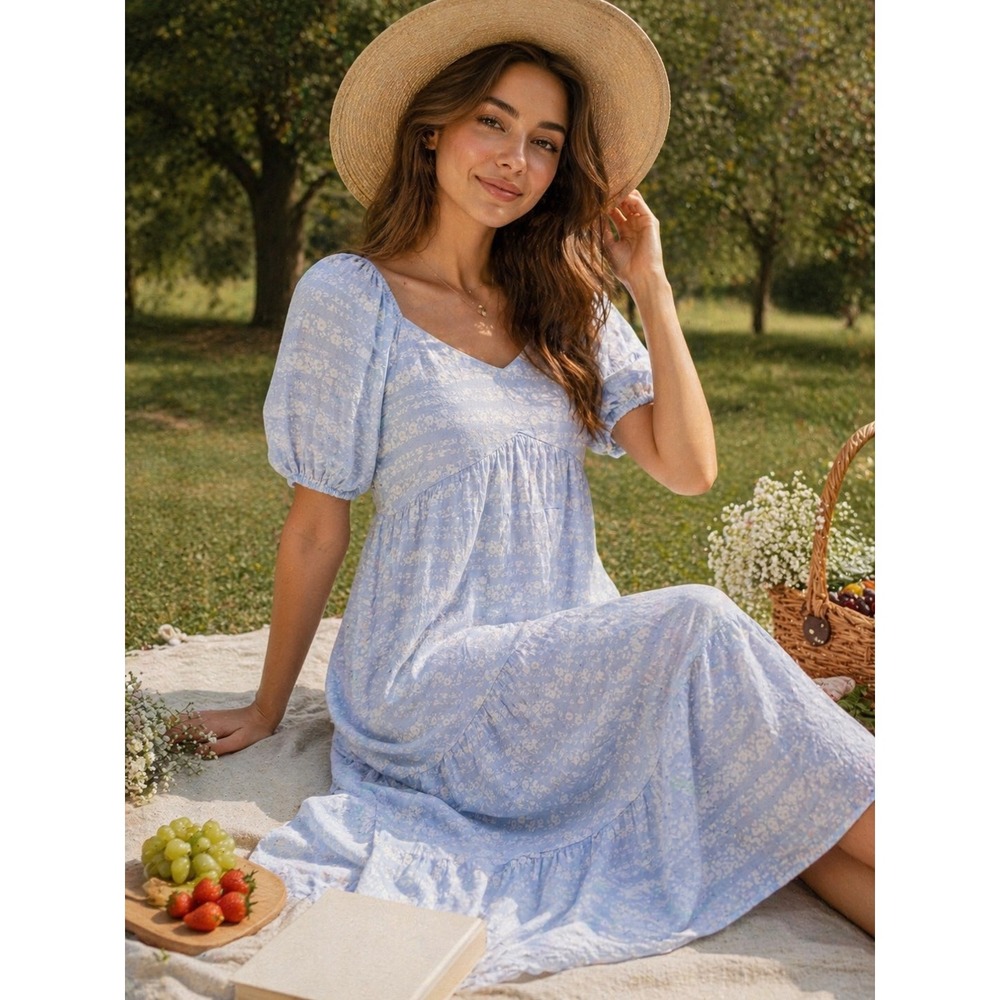 Baltic Born Light Blue Floral Maxi Dress Puff Sleeve Tiered Size Large Boho